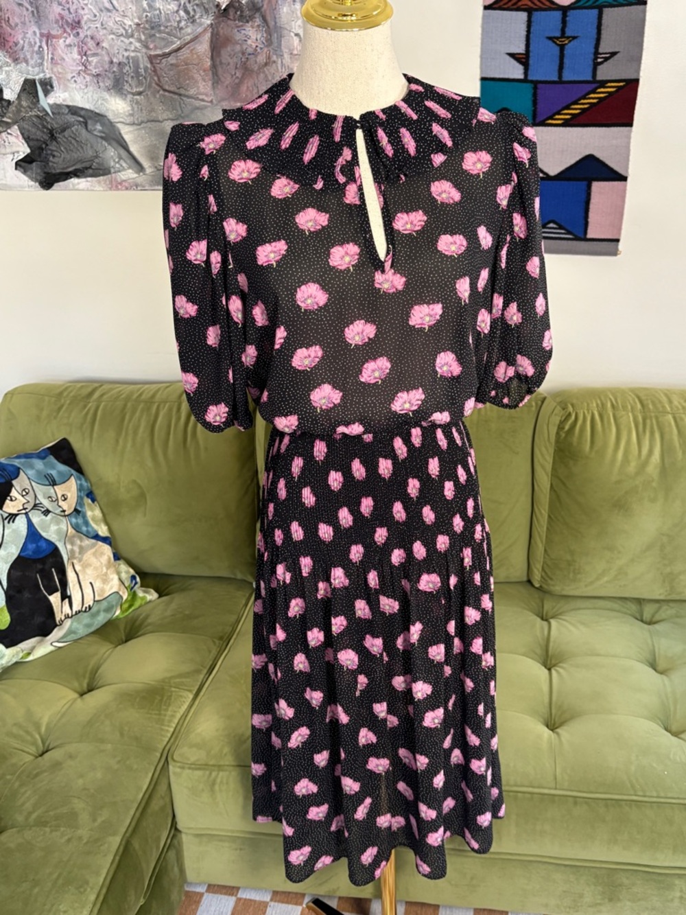 VTG 80s Black and Pink Secretary Dress with Ruffle Collar